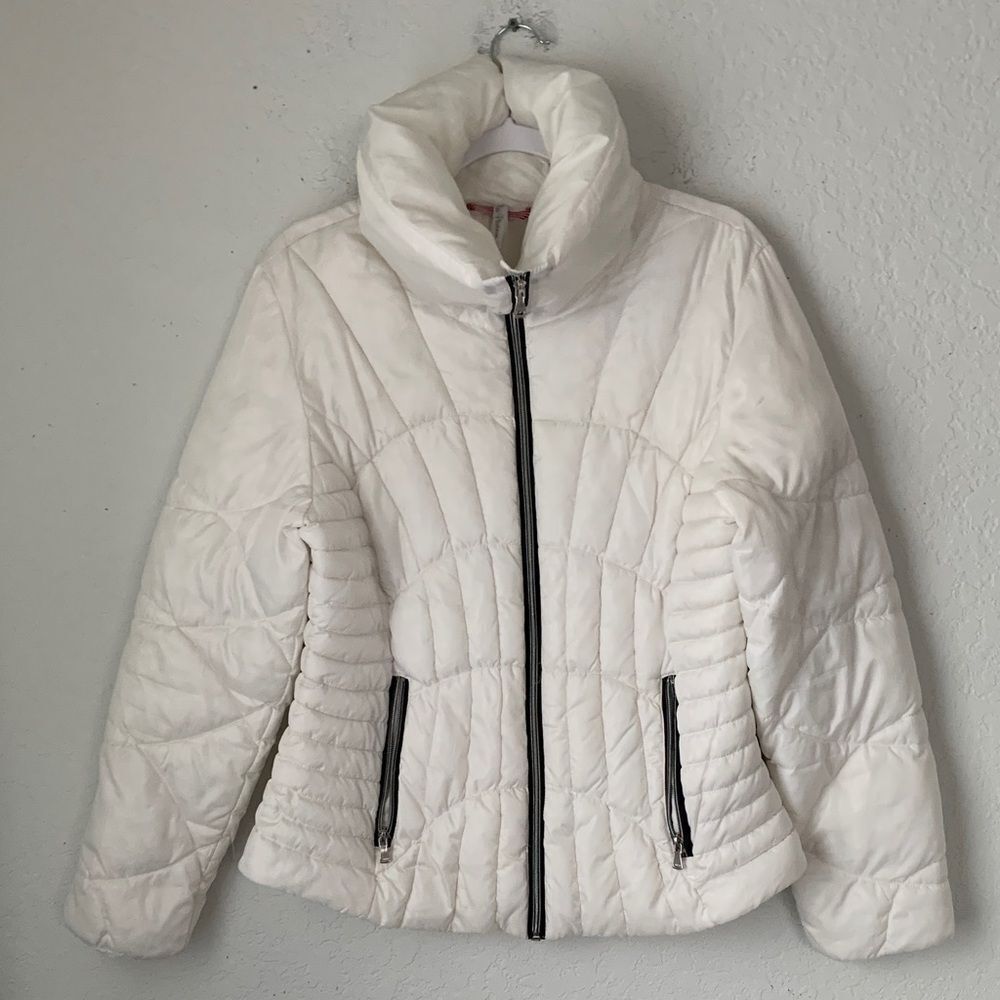 Pink Platinum Women's White Puffer Quilted Jacket Full Zip Pockets Size XL